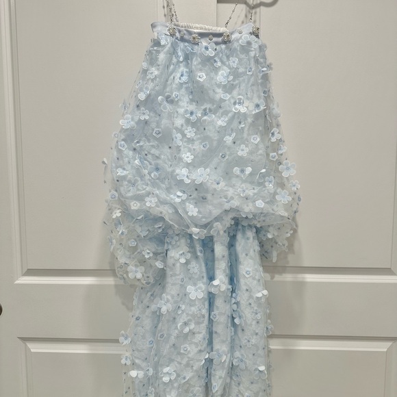Light Blue Floral Layered Dress with Delicate Spaghetti Straps - Picture 5 of 11
